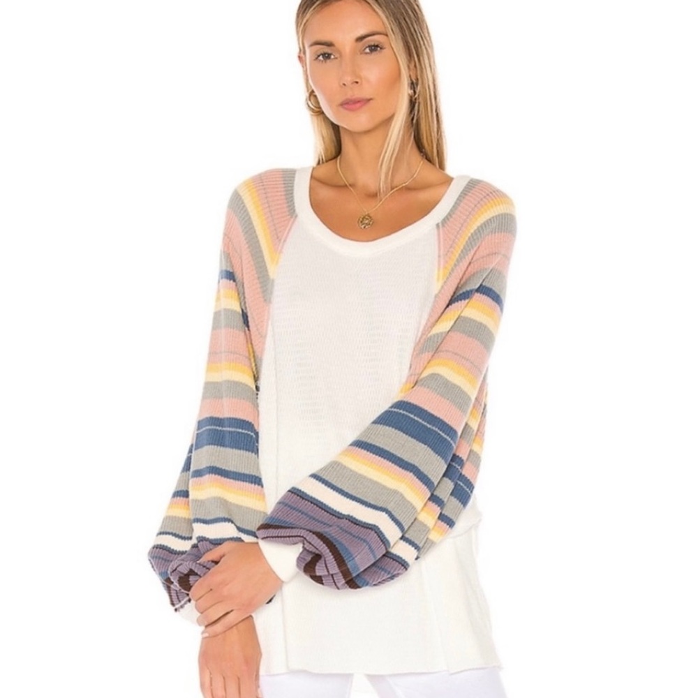 Free People Sweaters Balloon Puff Sleeve Knit Sweater Rainbow Dreams Top Sz M